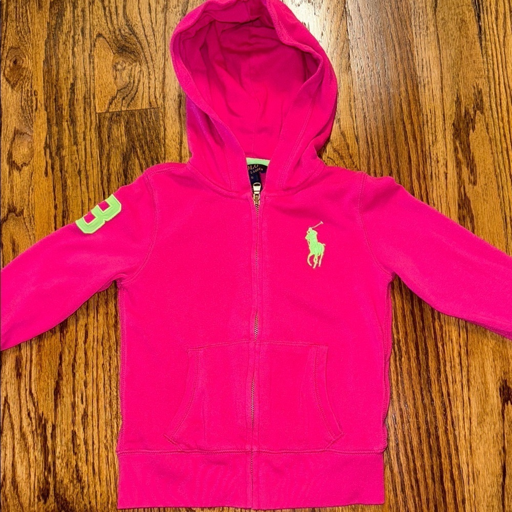 Polo Ralph Lauren girls hot pink hooded zippered sweatshirt size 6 GUC